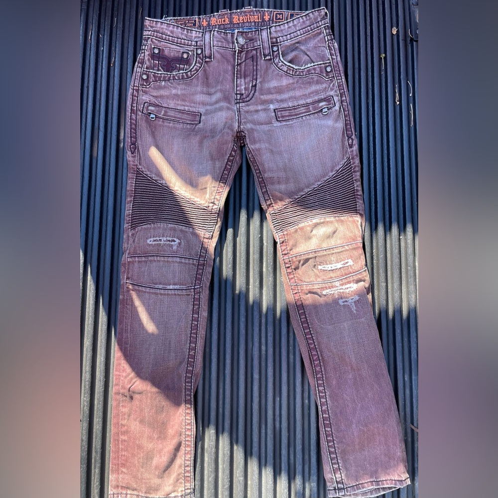 Rock Revival Jack Biker Moto Distressed Burgundy Maroon Jeans Men’s Size 34